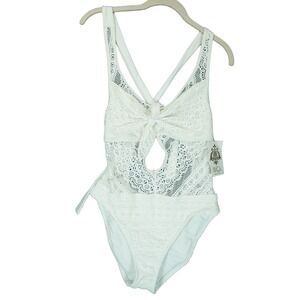 Becca Swimsuit Womens White Crochet Plunge One-Piece Size Medium MSRP $128